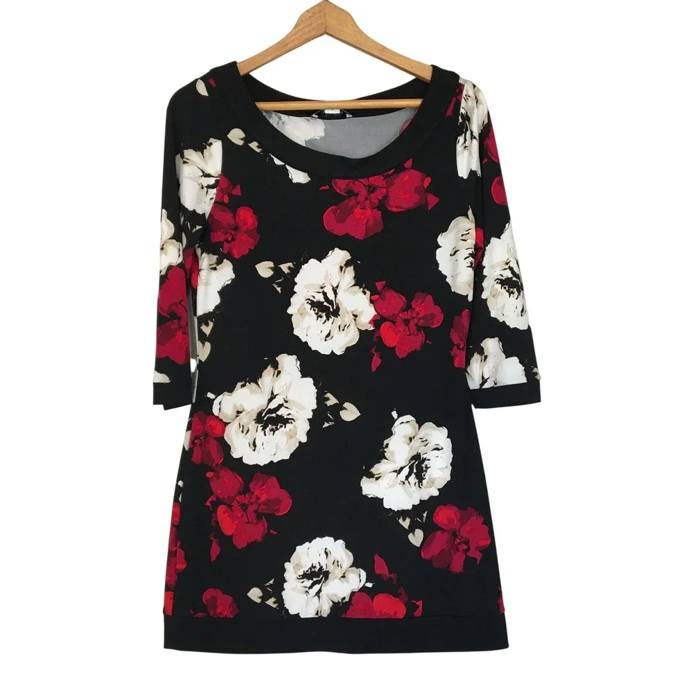 White House Black‎ Market Dark Floral Print Long Sleeve Tunic Mini Dress Size M